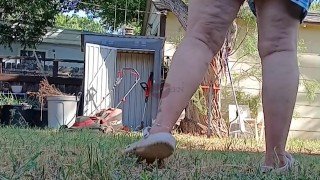 P1SSQUEEN gets her pool pad ready for the season and pisses in her white panties and yard crocs