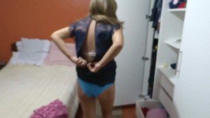 I lift up my dress and show my big ass to my stepson’s friends so they can masturbate