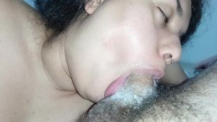 CLOSE UP the bitch’s throat goes so deep, swallowing and smearing the pervert’s cock with her saliva